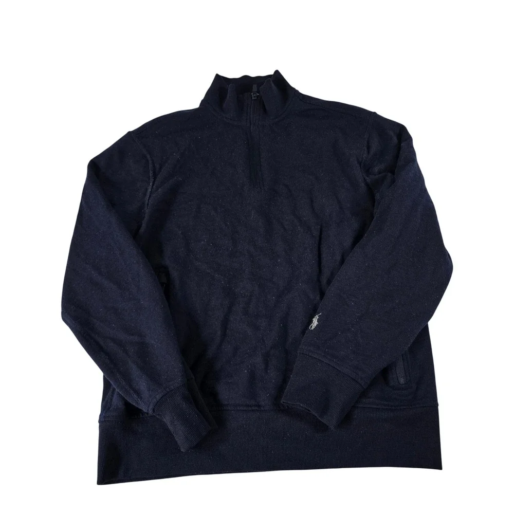 Polo Ralph Lauren Mens‎ Navy Blue 100% Wool Quarter Zip Pullover Sweater Medium